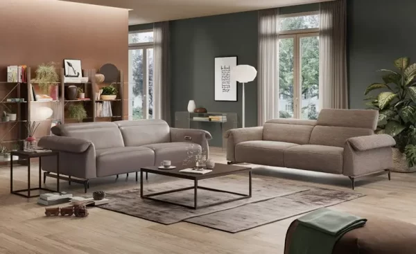 A modern living room with two sofas, a coffee table, bookshelves, and large windows. The walls are painted gray and tan, and the floor is wooden with a large rug.