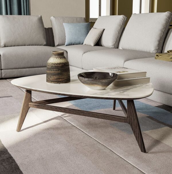 A modern coffee table with a marble top and wooden legs is in the foreground, featuring a vase, a bowl, and some books. A light gray sectional sofa with blue and gray pillows is in the background.